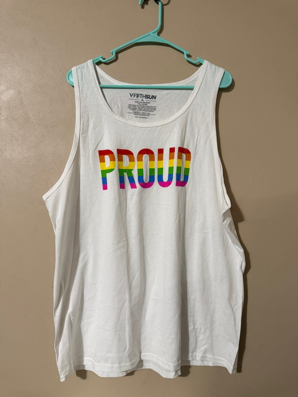 Fifth Sun White Tank with Rainbow 'PROUD' Graphic
